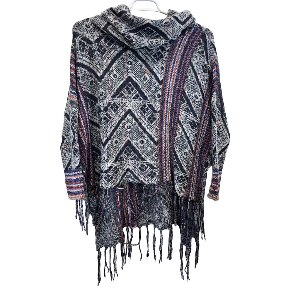 Free People Womens Be The One Wool Fringe Aztec Cowl Neck Sweater Poncho XS - Picture 2 of 8